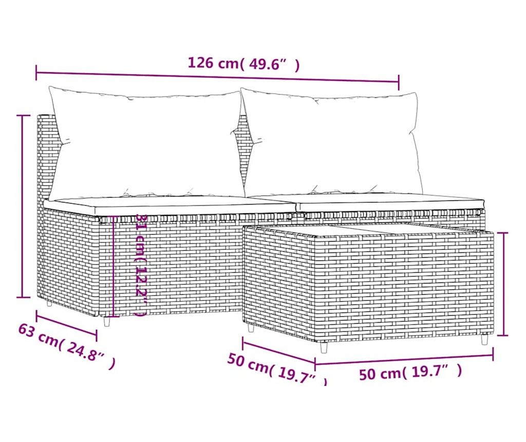Vrtna garnitura s jastucima, 3 komada, crna, poli ratan - 9