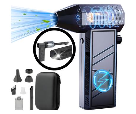 Suflanta de Aer Portabila 3-in-1 JustNet® cu Aspirare, Lumina LED Incorporata, Motor 180W la 140.000 RPM, Debit Reglabil 52 m/s,