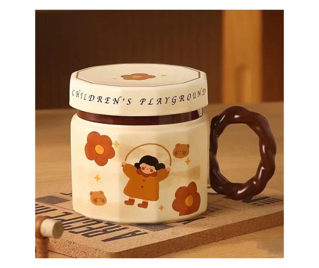 Cana din ceramica, Cyrax, Cana pentru Cafea, Ceai, Cana Universala, Unisex, Cana cu Capac, 9 x 8 x 8 cm, 400 ml, Model Fetita cu