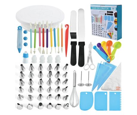 Set 66 Piese Ustensile pentru Ornare Prăjituri, Cyrax, din Plastic și Oțel Inoxidabil, Multicolor