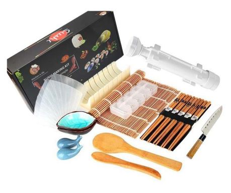 Set Ustensile pentru Sushi, Cyrax, Set din 19 Accesorii pentru Sushi, Set pentru Sushi HOME MADE, Cuțit Inclus, Forme, Bețișoare