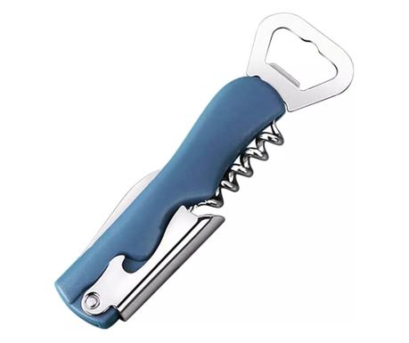 Tirbuson de Sticle 4 in 1, Cyrax, Desfacator de Sticle Multifunctional, din Inox cu Maner Anti Alunecare, 13.5 x 4 cm Albastru