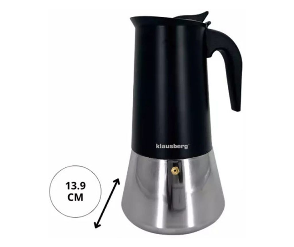 Klausberg KB 7847 Μοκέτα καφέ Cuban, 12 φλιτζάνια, 600 ml, Ανοξείδωτο ατσάλι, Επαγωγική, Μαύρο/Inox - 12