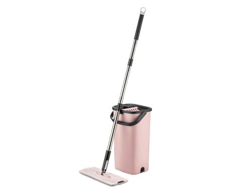 Mop KlaussTech, ploski, zložljivi, s posodo, nastavljiv ročaj (100-130 cm), mikrovlaken, iz nerjavečnega jekla, rožnate barve.
