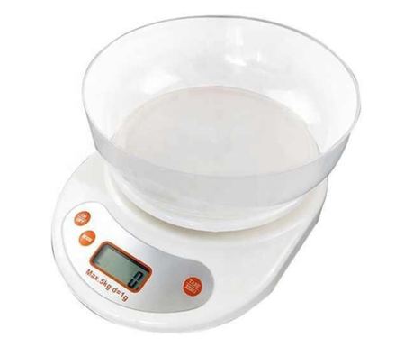 Cantar KlaussTech de Bucatarie cu Bol inclus, Acuratete 1 g, Auto-reset, Buton ON/OFF, Display LCD, Alb