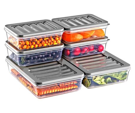 GinzaMaison Freshbox Élelmiszertároló szett, 6 db fedéllel (4X600 ml, 2X1200 ml), Átlátszó Fehér, Szürke Fedél