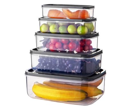GinzaMaison Embox Élelmiszertároló szett, 5 fedéllel (2100 ml, 1300 ml, 850 ml, 530 ml, 330 ml), átlátszó
