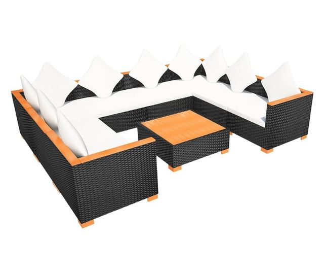 Vrtni namještaj s jastucima, 9 dijelova, crni, poliratan