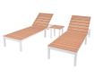 Ležaljke za plažu s stolom, 2 kom., bijela & smeđa, aluminij & WPC