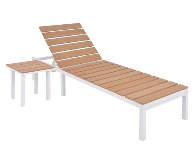 Ležaljke za plažu s stolom, 2 kom., bijela & smeđa, aluminij & WPC