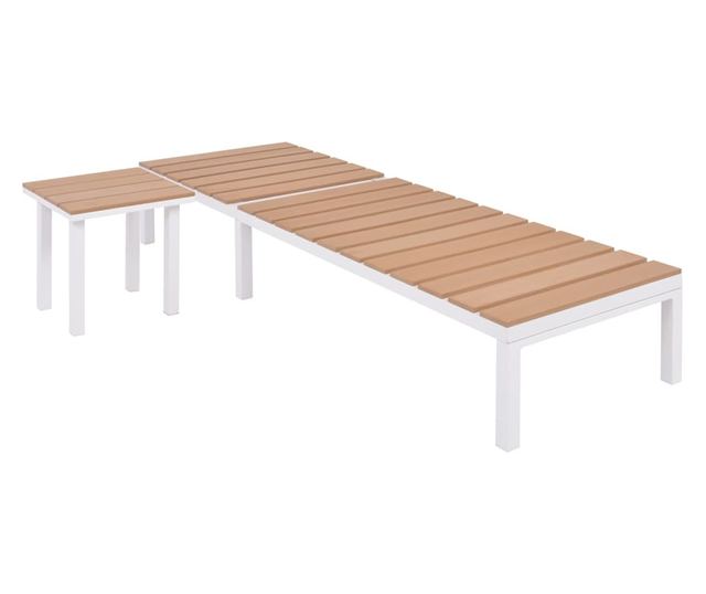 Ležaljke za plažu s stolom, 2 kom., bijela & smeđa, aluminij & WPC