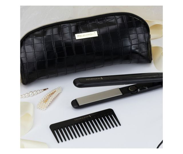 Преса за коса Remington S3505GP, Четворно покритие, 230C , Бързо загряване, Аксесоари, Черен