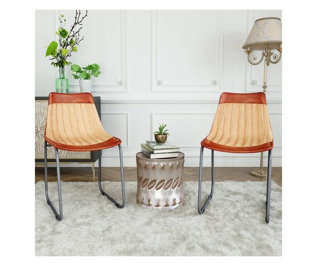 Kuhinjske stolice, 2 kom., smeđa i bež, prirodna koža i platno