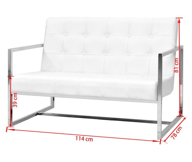 Dvosjed s naslonima za ruke, umjetna koža i čelik, bijela