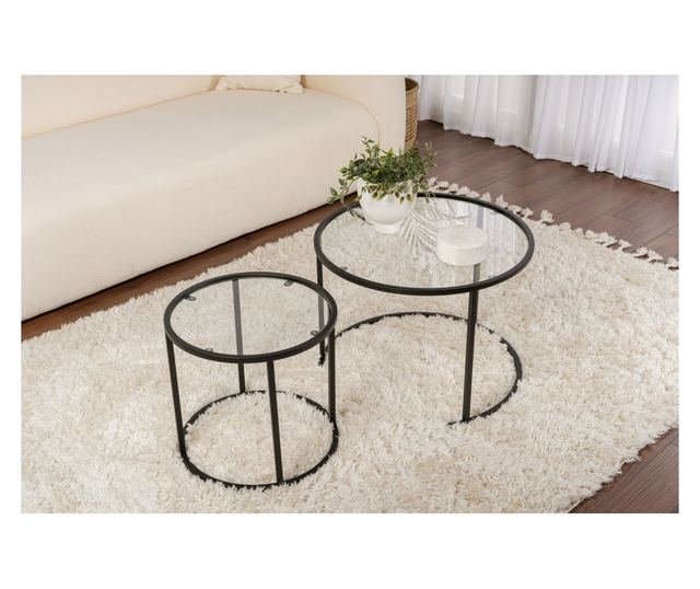 2 db kávézóasztal szett, Hannah Home, 100% edzett üveg 4 mm vastag, 100% fém szerkezet, 42x39x42 cm, 60x43x60 cm, Arany