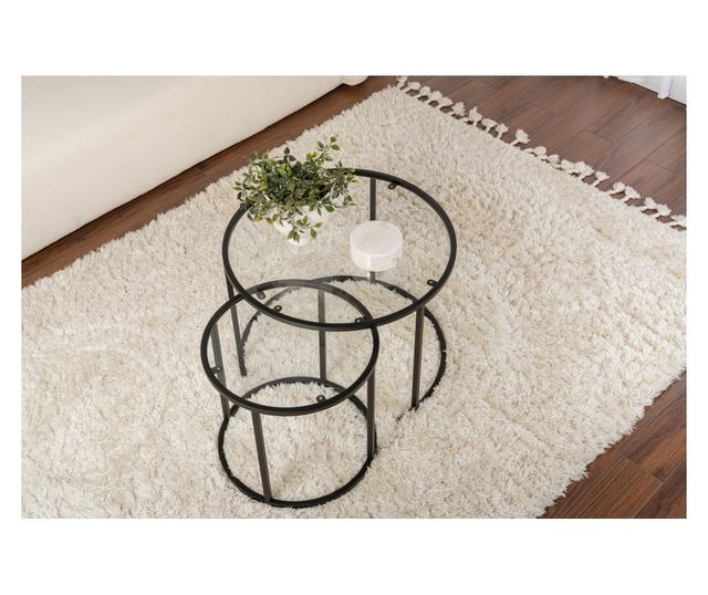 2 db kávézóasztal szett, Hannah Home, 100% edzett üveg 4 mm vastag, 100% fém szerkezet, 42x39x42 cm, 60x43x60 cm, Arany