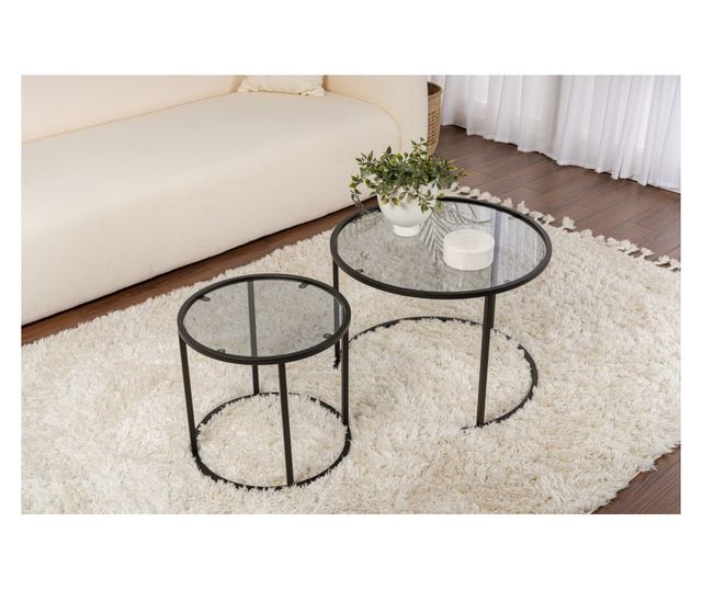 2 db kávézóasztal szett, Hannah Home, 100% edzett üveg 4 mm vastag, 100% fém szerkezet, 42x39x42 cm, 60x43x60 cm, Arany