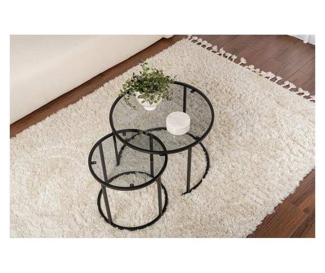 2 db kávézóasztal szett, Hannah Home, 100% edzett üveg 4 mm vastag, 100% fém szerkezet, 42x39x42 cm, 60x43x60 cm, Arany