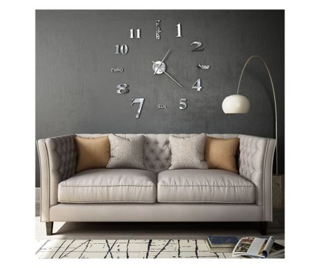 3D Nástěnné hodiny, stříbrné, 100 cm, XXL, moderní design
