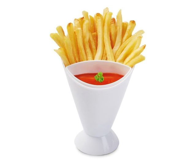 Con pentru servire gustari si suport pentru sosuri, Alb, 16.5 x 10 cm