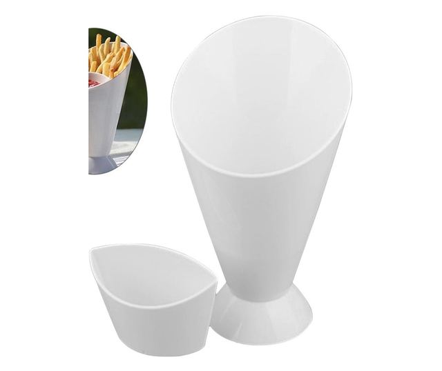 Con pentru servire gustari si suport pentru sosuri, Alb, 16.5 x 10 cm