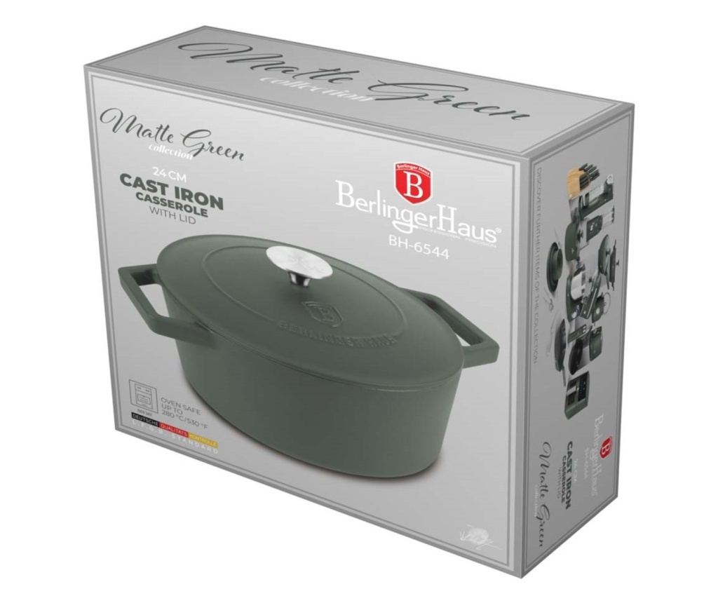 Oală din fontă emailată cu capac 24 cm, 4.35L – Berlinger Haus Green Matte Collection BH 6544, verde, pentru pâine, fripturi și - 2