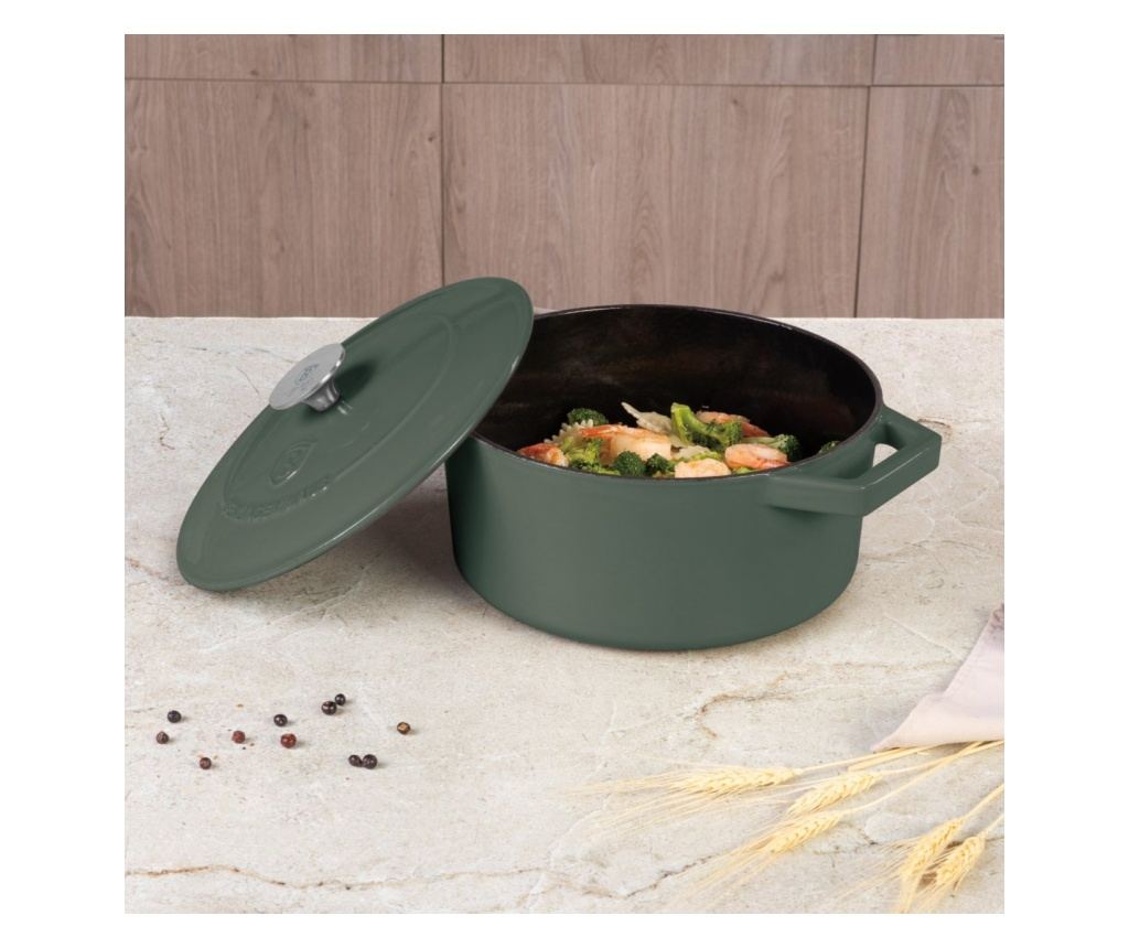 Oală din fontă emailată cu capac 24 cm, 4.35L – Berlinger Haus Green Matte Collection BH 6544, verde, pentru pâine, fripturi și - 3