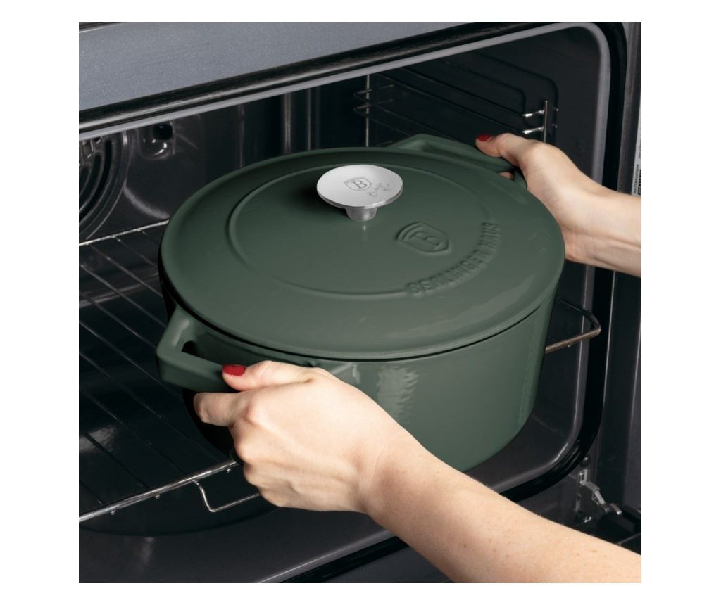 Oală din fontă emailată cu capac 24 cm, 4.35L – Berlinger Haus Green Matte Collection BH 6544, verde, pentru pâine, fripturi și - 5