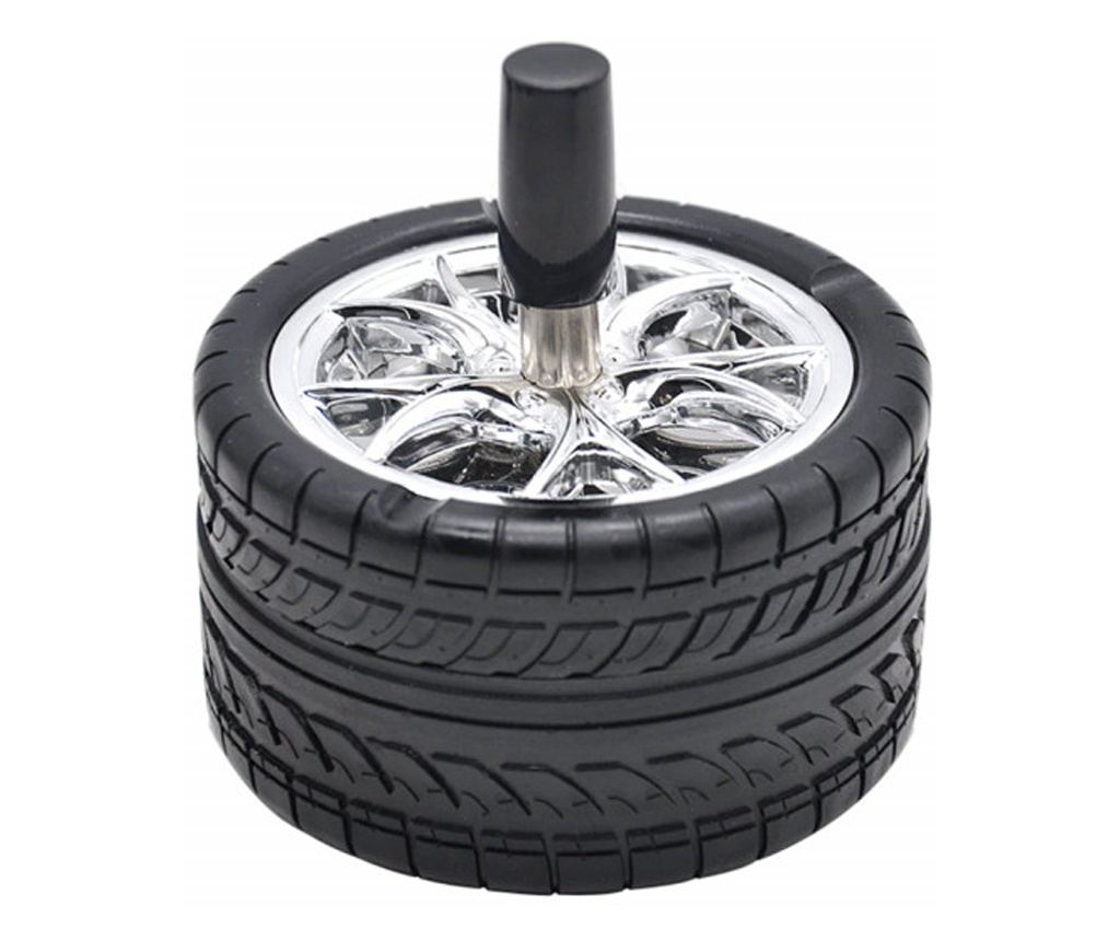 Scrumiera metalica Pufo Angry Wheel, antivant cu buton, 10 cm, negru/ argintiu