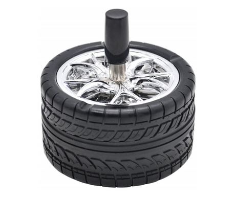 Scrumiera metalica Pufo Angry Wheel, antivant cu buton, 10 cm, negru/ argintiu