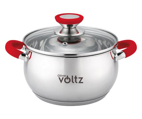 Oliver Voltz OV51210N24 Fazék, 24 cm, 6 L, Indukciós, Szilikon Fogantyúk, Rozsdamentes Acél/Piros