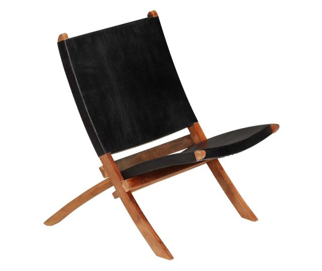 Sklopiva opuštajuća stolica, crna, prirodna koža