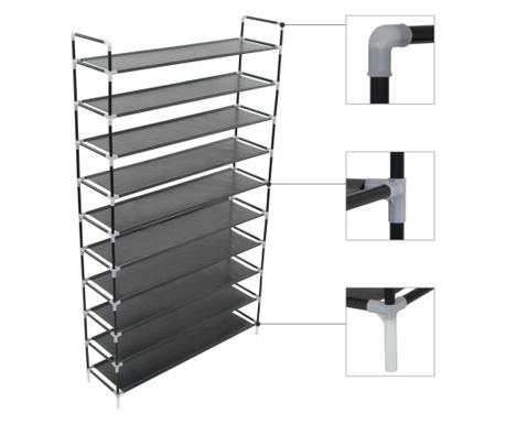 Polica za cipele s 10 polica, Metal i netkani tekstil Crna