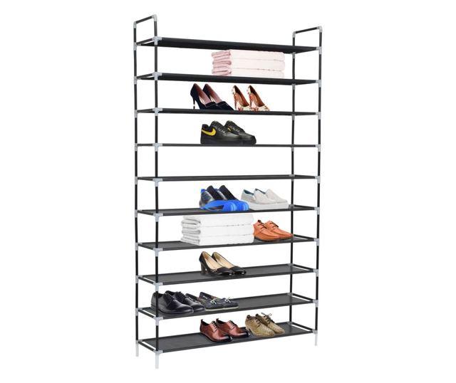 Polica za cipele s 10 polica, Metal i netkani tekstil Crna