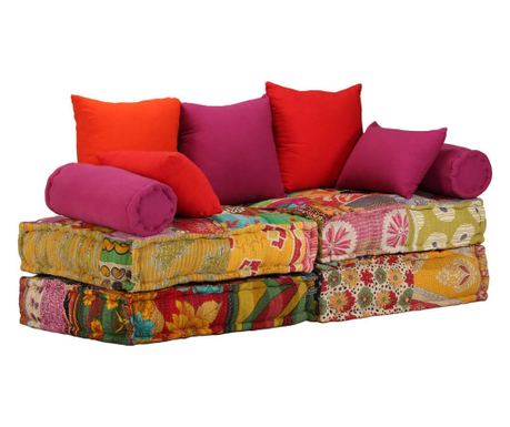 Modular pouf sofa with 2 seats, patchwork, textile material