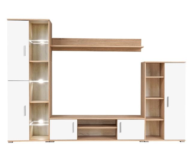 Namještaj za dnevni boravak, TV prostor, LED svjetla, Sonoma hrast i bijela