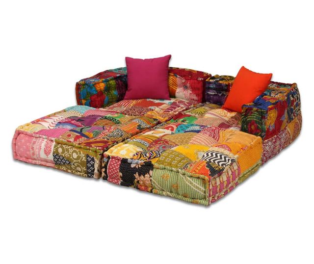 Modular 2-Seater Patchwork Fabric Pouf Sofa