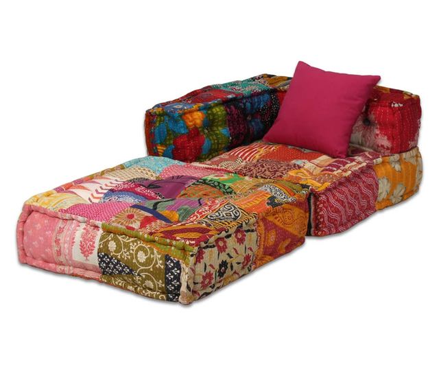 Modular 2-Seater Patchwork Fabric Pouf Sofa