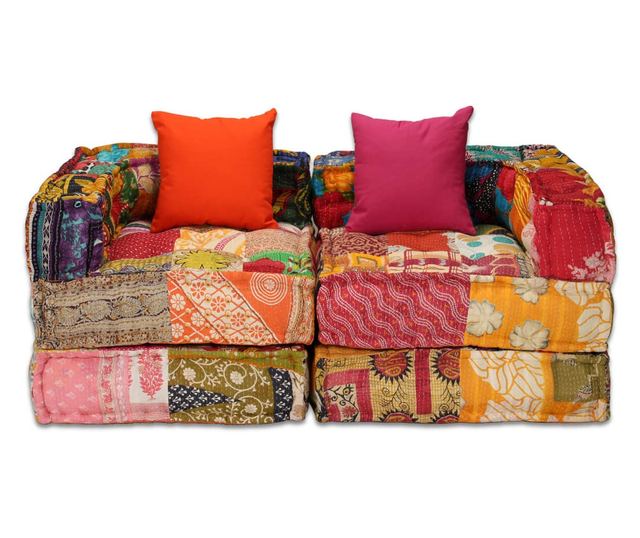 Modular 2-Seater Patchwork Fabric Pouf Sofa