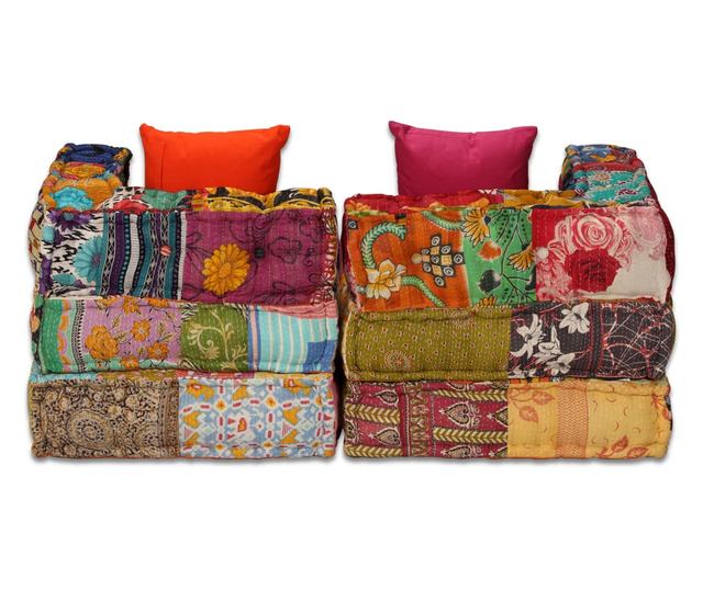 Modular 2-Seater Patchwork Fabric Pouf Sofa