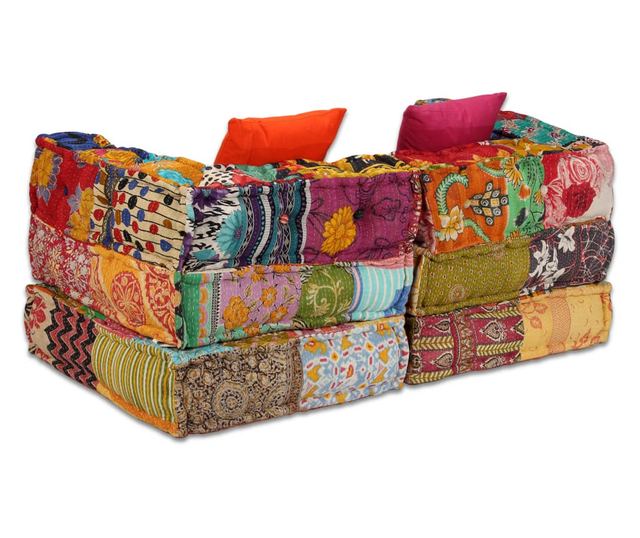 Modular 2-Seater Patchwork Fabric Pouf Sofa