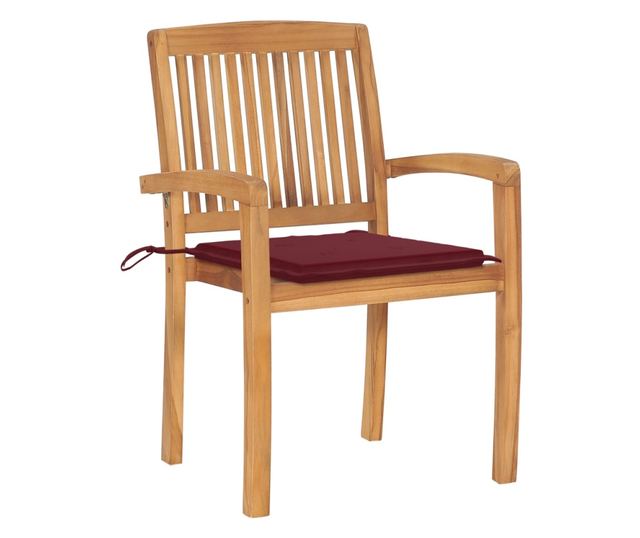 Градински столове с виненочервени възглавници, 2 бр., Масивно дърво тиково дърво