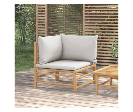 Γωνιακός καναπές κήπου από μπαμπού με ανοιχτό γκρι μαξιλάρια