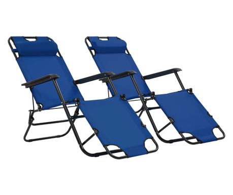 Zložljivi ležalniki za plažo z naslonom za noge, 2 kosa, modri jeklo