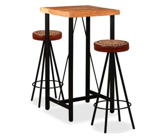 Set za bar, 3 kom., masivna akacija, prirodna koža i platno