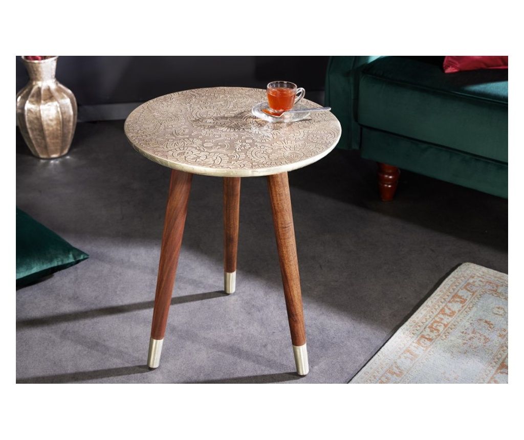 Side Table, Antique Silver, Brown with Silver Caps