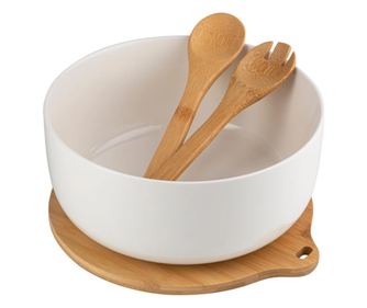 Bol Adria, portelan, alb, baza bambus, set 2 linguri, 25 x 11 cm