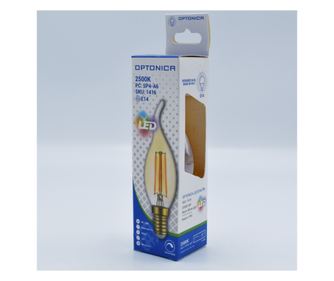 Bec led flacara Vintage filament 4W (23W), E14, C35T, 350lm, dimabil, lumina calda (2500K), auriu, Optonica