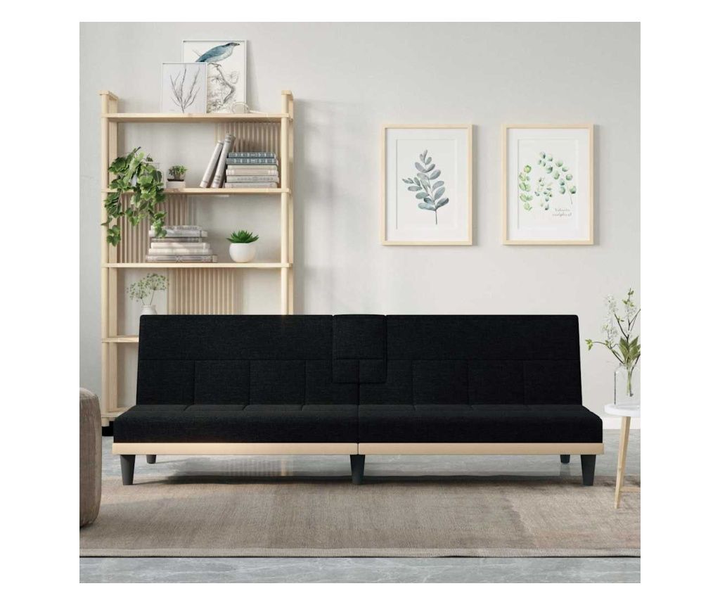 Canapea extensibilă cu suporturi de pahare, negru, textil
