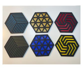 Set 6 suporturi / coastere pahare, dimensiune 9 X 10 cm, negru / multicolor, cutie inclusa, imprimate 3D, model 3004